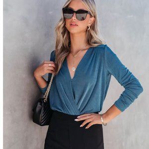 VICI Teal Long Sleeve Drape Wrap Bodysuit